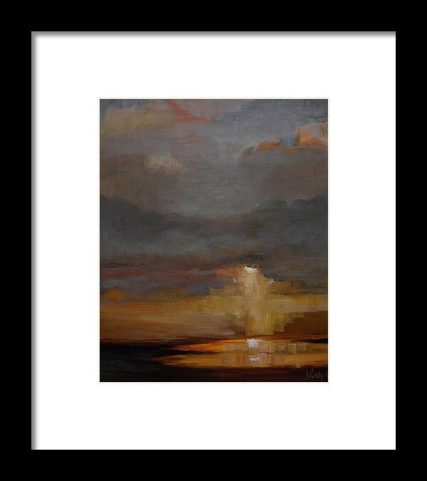 Seascape Framed Print featuring the painting Stormy Waterscape Sunset Seascape Marsh Painting by Gray Artus