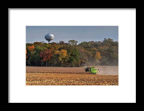 Corn Harvest John Deere Combine Water Tower Stoughton Wisconsin Wi Landscape Farming Rural Agriculture Autumn Fall Trees Yellow Gold Horizontal Framed Print featuring the photograph Stoughton WI Corn Harvest by Peter Herman