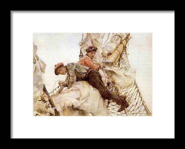 Henry Framed Print featuring the painting Stowing the Headsails by Henry Scott Tuke