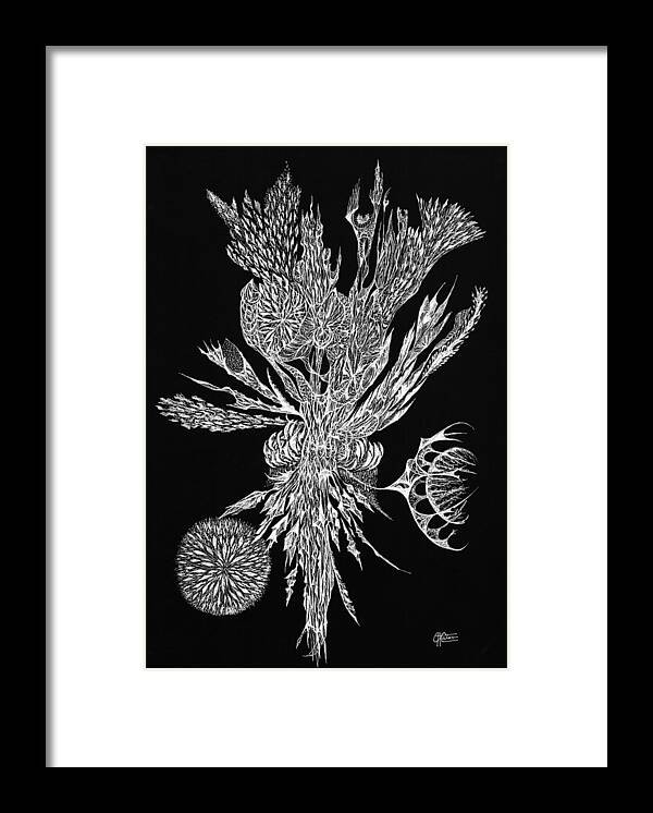 Blackandwhite Black And White Zen Tangle Zentangle Abstract Acceptance Circles Comfort Comforting Detailed Drawing Dreams Earth Framed Print featuring the drawing Bouquet of Curiosity by Charles Cater