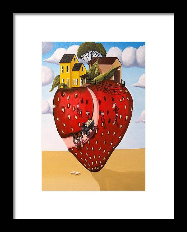 Art Framed Print featuring the painting Strawberry Fields - surreal farm landscape by Debbie Criswell