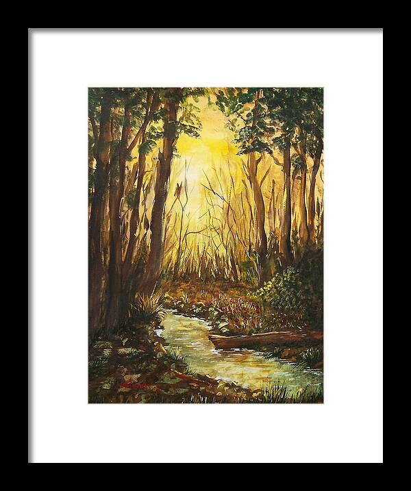 Stream Forest Trees Sunset Sunrise Framed Print featuring the painting Stream by Miroslaw Chelchowski