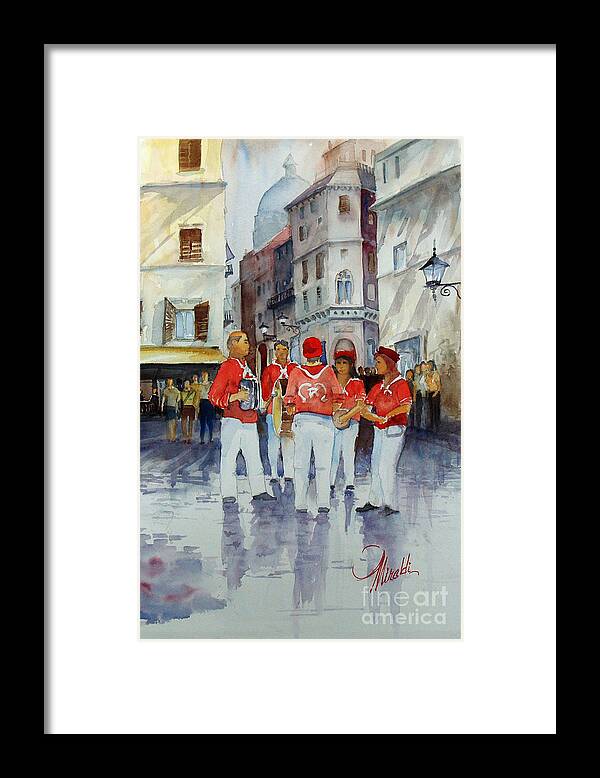 Italian Streets Framed Print featuring the painting Musicisti di Strada Italiano by Gerald Miraldi