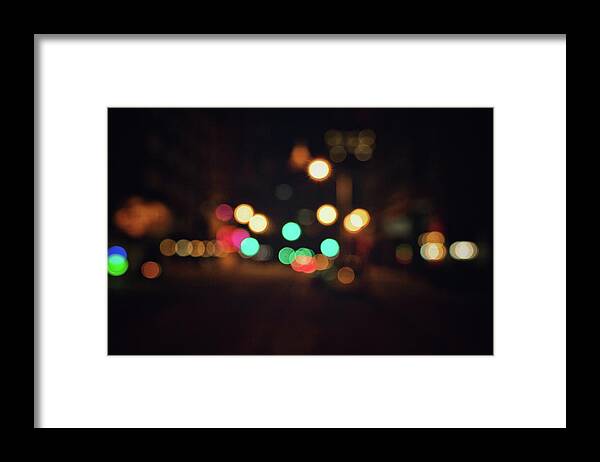 Bokeh Framed Print featuring the photograph Streetlights by Mike Dunn
