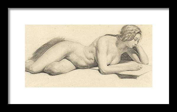 Reading Framed Print featuring the drawing Study of a female nude reading by Daniel Maclise
