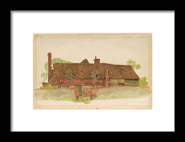 Kate Greenaway 1846-1901 Study Of A Long Cottage With Dormer Windows And Tiled Upper Wall. Beautiful House Framed Print featuring the painting Study of a Long Cottage with Dormer Windows by MotionAge Designs