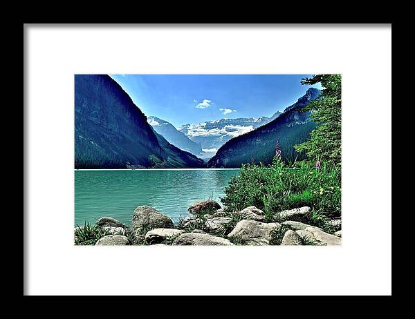 Lake Framed Print featuring the photograph Summer at Louise by Frozen in Time Fine Art Photography