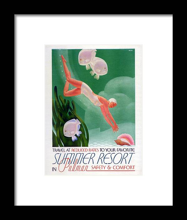 Pullman Framed Print featuring the mixed media Summer Resort in Pullman - Lady Diving for Conch Shell - Retro travel Poster - Vintage Poster by Studio Grafiikka