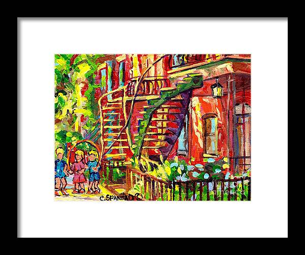Montreal Framed Print featuring the painting Summer Staircase Verdun Montreal To Plateau Mont Royal Canadian Cityscene 3 Girls Skipping C Spandau by Carole Spandau