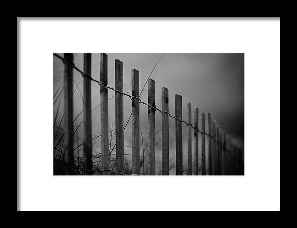 Beach Fence Framed Print featuring the photograph Summer Storm Beach Fence Mono by Laura Fasulo