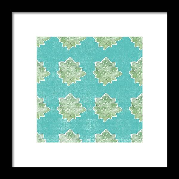 Succulents Plant Garden Boho Chic Floral Botanical Blue Green White Weathered Pattern Summer Spring Nature Plant Lover Home Decorairbnb Decorliving Room Artbedroom Artcorporate Artset Designgallery Wallart By Linda Woodsart For Interior Designersgreeting Cardpillowtotehospitality Arthotel Artart Licensing Framed Print featuring the mixed media Summer Succulents- Art by Linda Woods by Linda Woods