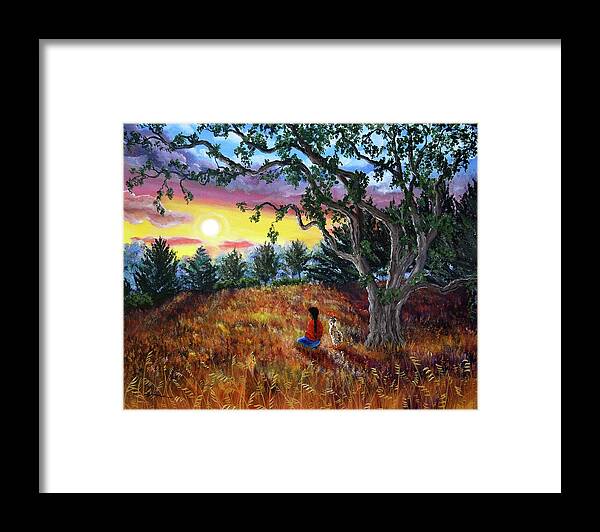 Landscape Framed Print featuring the painting Summer Sunset Meditation by Laura Iverson