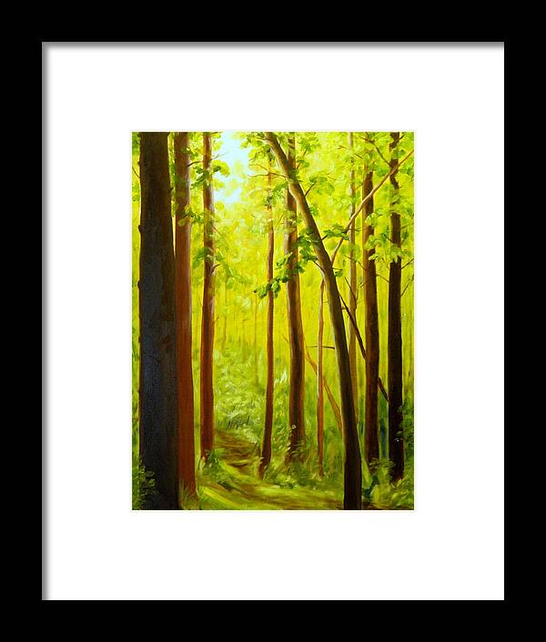 Trees Leaves Sunlight Shadows Bushes Plants Landscape Branches Grasses Trail Forest Cottonwoods Deciduous Green Brown Orange Yellow Leaning Tilting Small Large Framed Print featuring the painting Summer Woods by Ida Eriksen