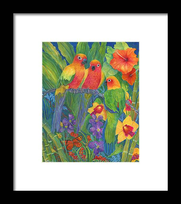Birds Framed Print featuring the painting Sun Conure Parrots by June Hunt