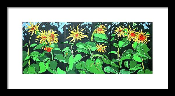 Sunflowers Framed Print featuring the painting Sun Flowers by John Gibbs