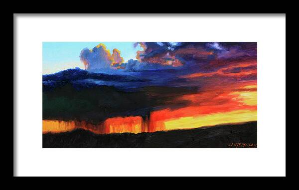 Sunset Framed Print featuring the painting Sun Rain and Clouds by John Lautermilch