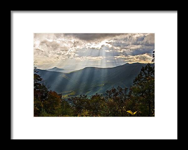 Landscape Framed Print featuring the photograph Sun Rays Linville Falls NC by Michael Whitaker