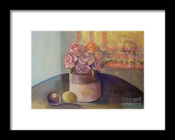 Still Life Framed Print featuring the painting Sunday Morning Roses Through the Looking Glass by Marlene Book