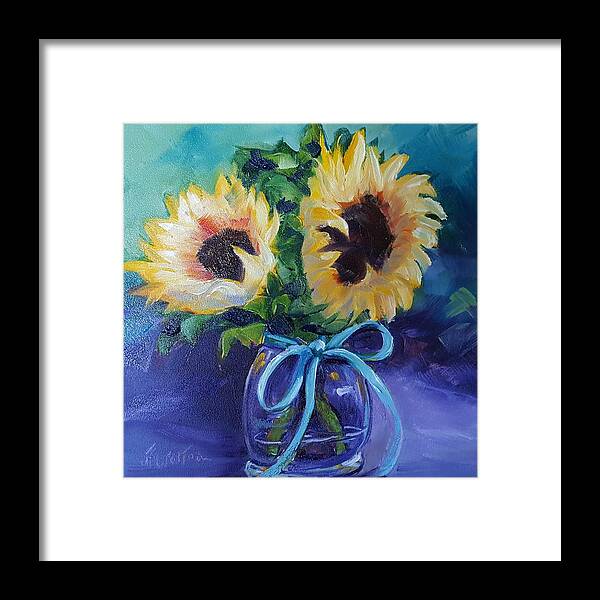 Sunflowers Framed Print featuring the painting Sunflower/Clear Jar by Judy Fischer Walton