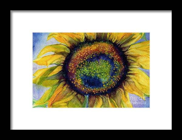Sunflower Framed Print featuring the painting Sunflower Emergence by Janine Riley