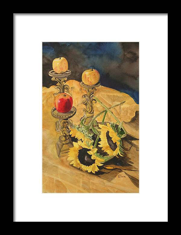 Still Life Framed Print featuring the painting Sunflowers and Apples by Jean Blackmer