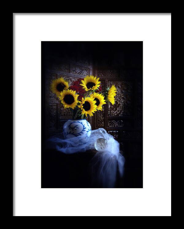 Sunflowers Framed Print featuring the photograph Sunflowers and globe by Linda Olsen