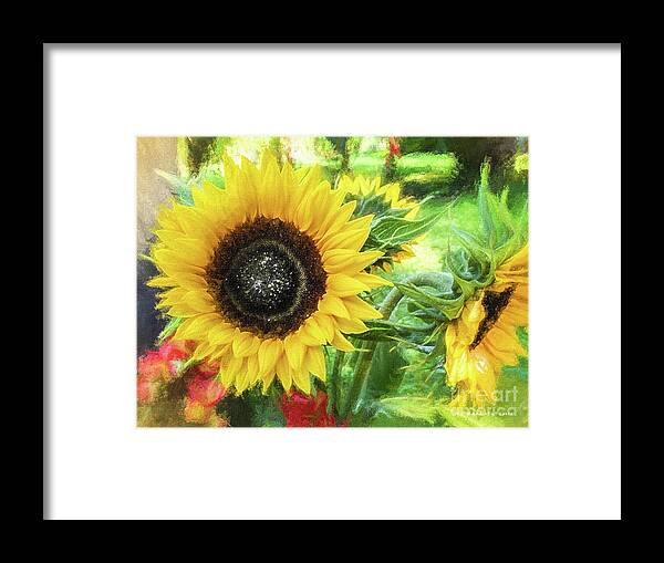 Mona Stut Framed Print featuring the digital art Yellow Sunflowers Flourish Visions of Summer by Mona Stut