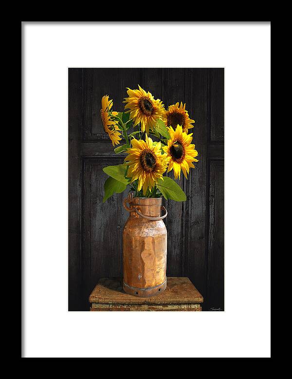 Sunflower Framed Print featuring the digital art Sunflowers in Copper Milk Can by M Spadecaller
