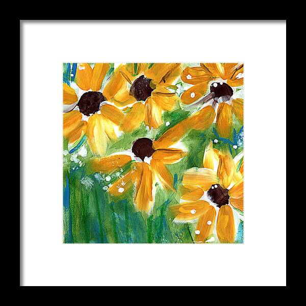 Sunflowers Framed Print featuring the painting Sunflowers by Linda Woods