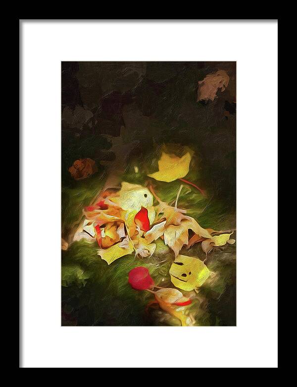 Autumn Framed Print featuring the digital art Sunlit Autumn Leaves on Dark Moss AP by Dan Carmichael