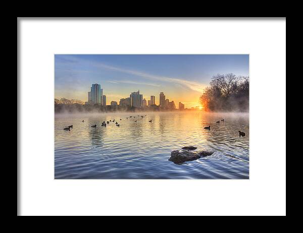 Austin Sunrise Framed Print featuring the photograph Sunrise in January over Austin Texas 5 by Rob Greebon