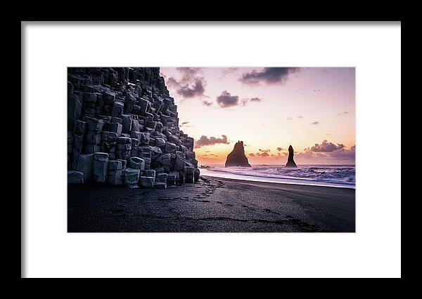 Reynisfjara Framed Print featuring the photograph Sunrise in Reynisfjara Beach - Iceland - Travel photography by Giuseppe Milo