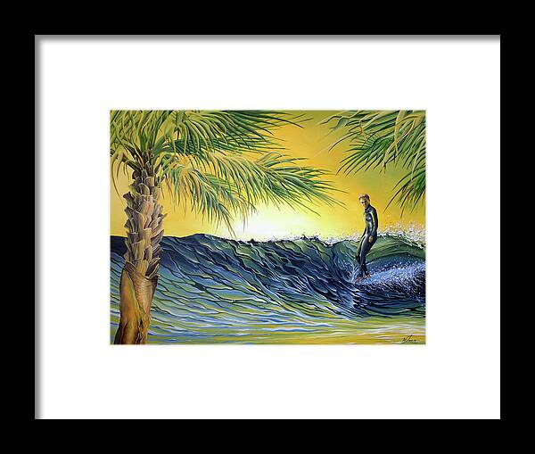 Surf Framed Print featuring the painting Sunrise Nose Ride by William Love