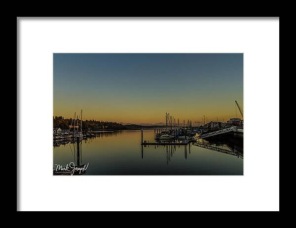 Sunrise Framed Print featuring the photograph Sunrise on the Olympia Waterfront by Mark Joseph