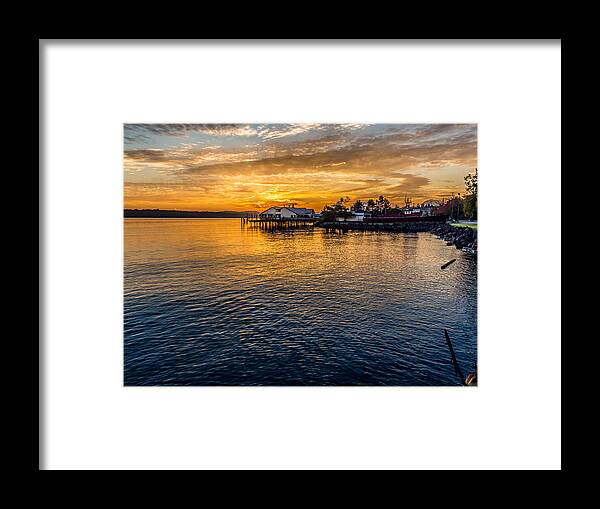 Red Framed Print featuring the photograph Sunrise Over Commencement Bay Tacoma, WA by Rob Green