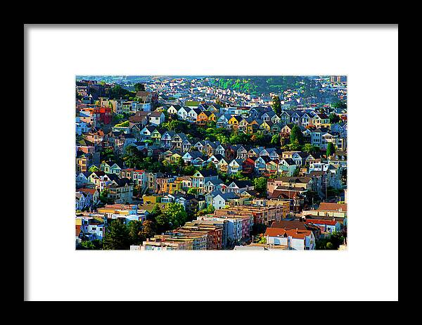 Noe Valley Framed Print featuring the digital art Sunrise View Noe Valley San Francisco California 1988, Dry Brush Style by Kathy Anselmo