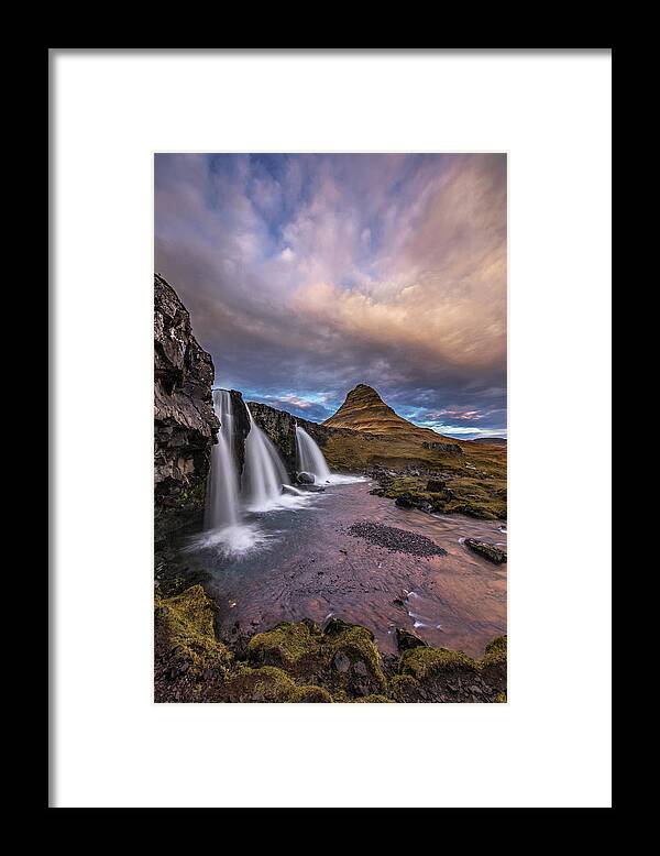 Landscape Framed Print featuring the photograph Sunset at Kirkjufellsfoss by Roman Kurywczak