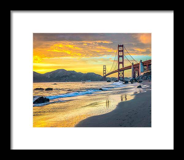 Golden Gate Bridge Framed Print featuring the photograph Sunset at the Golden Gate Bridge by James Udall
