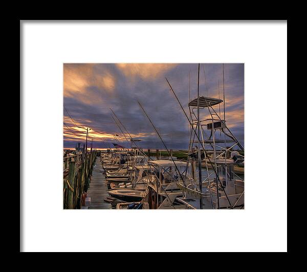 Piers Framed Print featuring the photograph Sunset At The Harbor by Mary Clough