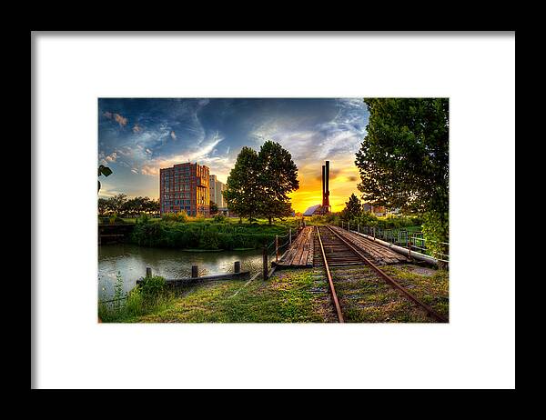 Sunset Framed Print featuring the photograph Sunset at The Imperial Sugar Factory Smoke Stacks Early Stage Landscape by Micah Goff