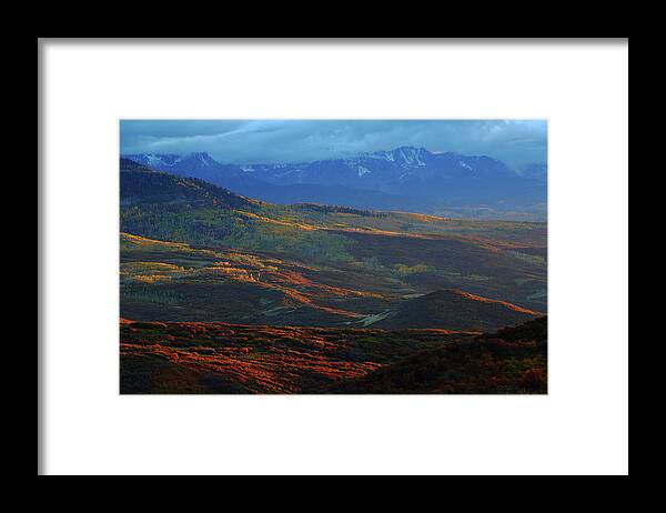 Fall Framed Print featuring the photograph Sunset during autumn below the San Juan Mountains in Colorado by Jetson Nguyen