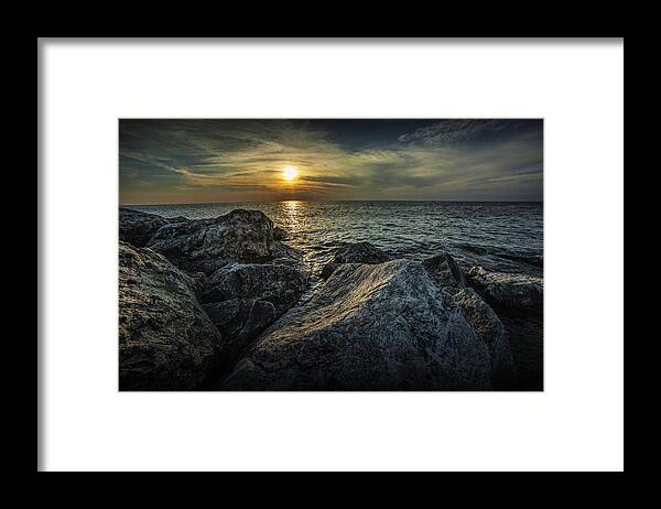 Sea Framed Print featuring the photograph Sunset from the Channel Breakwater Rocks by Randall Nyhof
