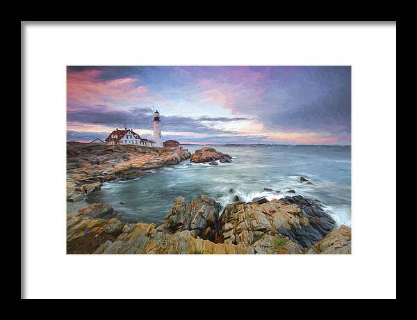 Maine Framed Print featuring the digital art sunset lighthouse III by Jon Glaser