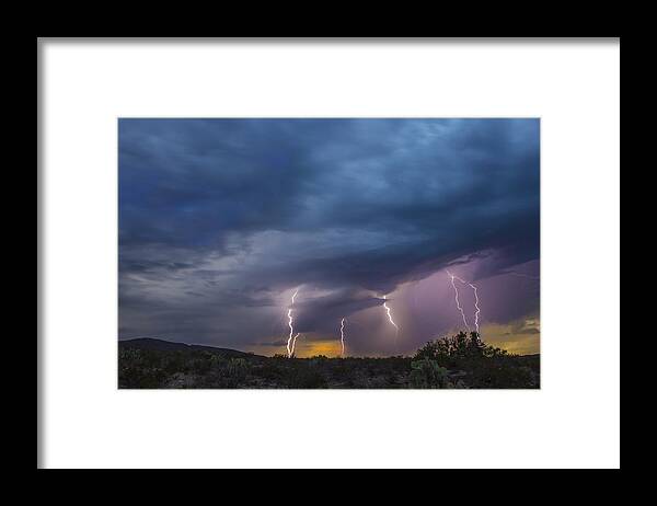 Lightning Framed Print featuring the tapestry - textile Sunset Lightning by Kathy Adams Clark