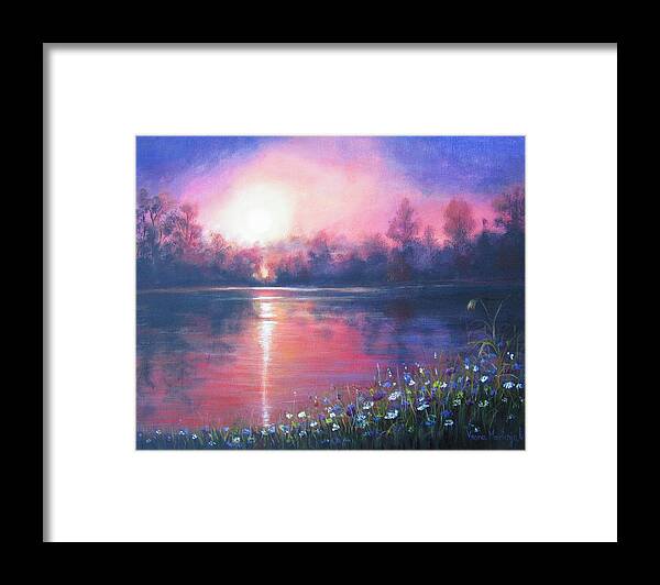 Landscape Framed Print featuring the painting Sunset on the river by Vesna Martinjak