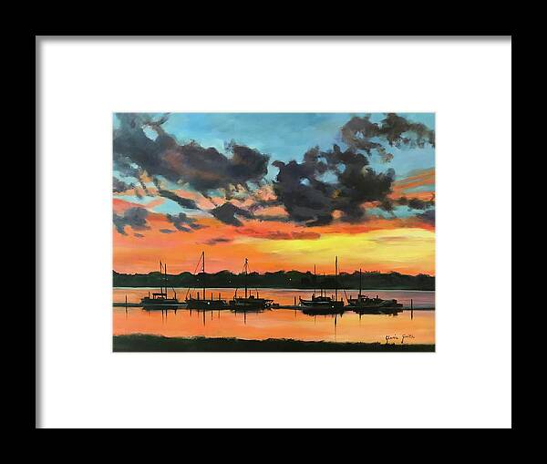 Sunset Framed Print featuring the painting Sunset over the marina by Gloria Smith
