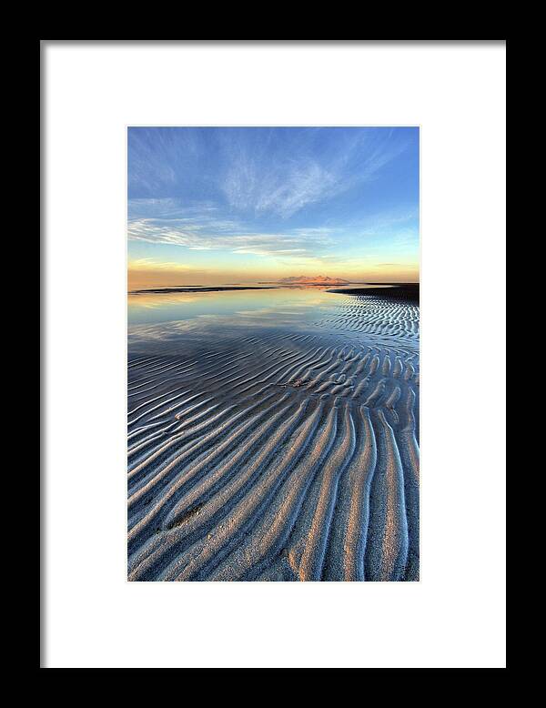 Landscape Framed Print featuring the photograph Sunset Ripples and Antelope Island by Brett Pelletier