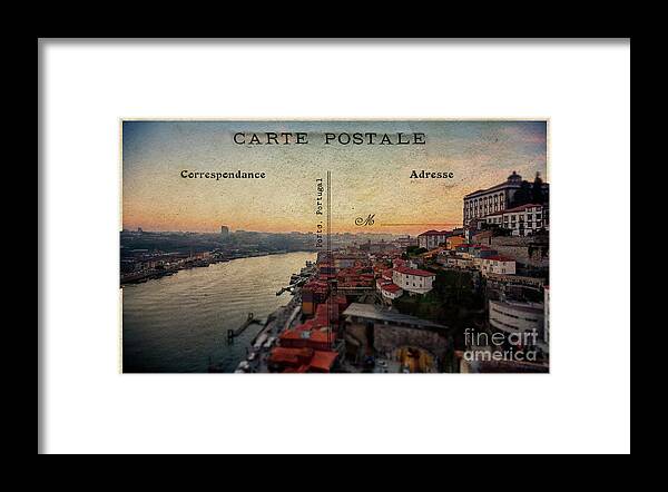 Postcard Framed Print featuring the digital art sunset view of the Douro river and old part of Porto, Portugal by Ariadna De Raadt