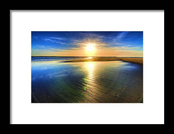 Sand Sea Beach Sun Footprints Sky Framed Print featuring the photograph Sunset by Wendell Ward