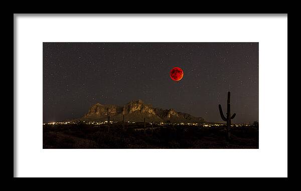 Landscape Framed Print featuring the photograph Super Bloodmoon over the Superstition Mountains by Chuck Brown